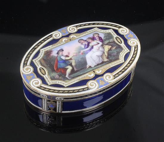 An early 19th century Swiss 18ct gold and enamelled oval snuff box, 72mm.